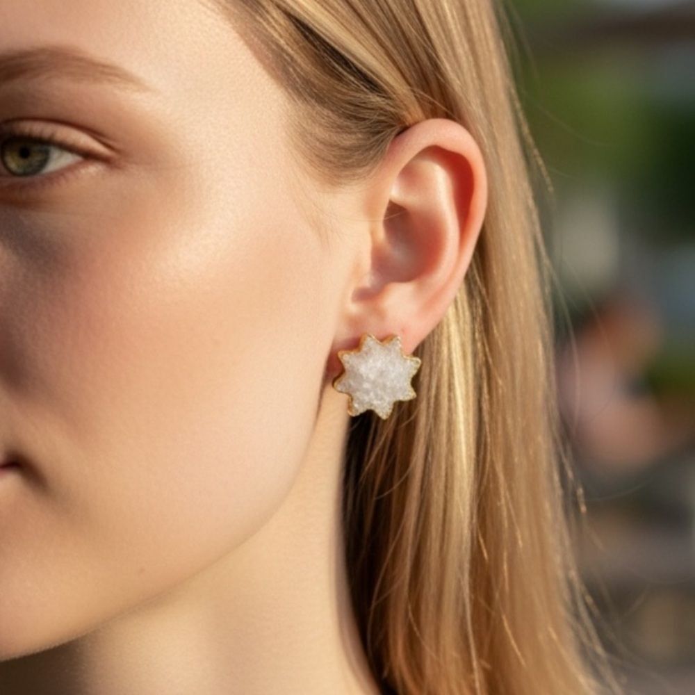 Gold and White Starburst Earrings